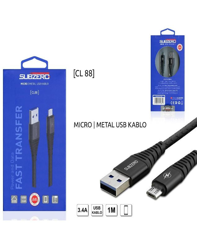 SUBZERO CL88 3.4 AMPER MICRO MİKRO METAL HIZLI FAST ŞARJ KABLOSU 1 METRE