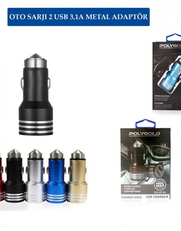 PG8745 OTO ŞARJI 2 USB 3.1 A METAL ADAPTÖR ÇAKMAKLIK