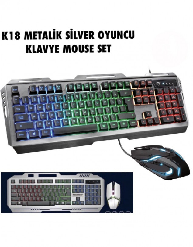 Polygold PG-8018 K18 Gaming Kablolu Işıklı Oyuncu Q Klavye Keyboard Mouse Set